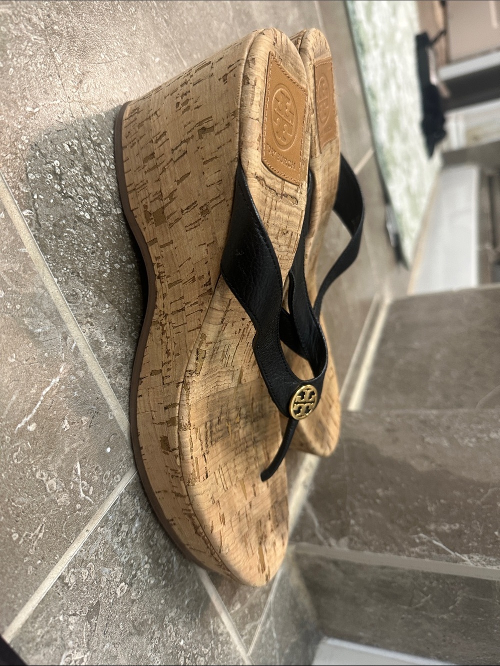 Tory Burch Black Leather Cork Wedge Thong Sandals - Picture 6 of 7
